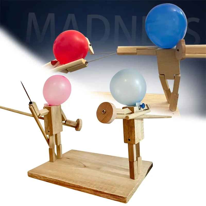 Balloon Bamboo Man Battle Fun Wooden Fencing Puppets Wooden Bots Battle Game Whack A Balloon For Party