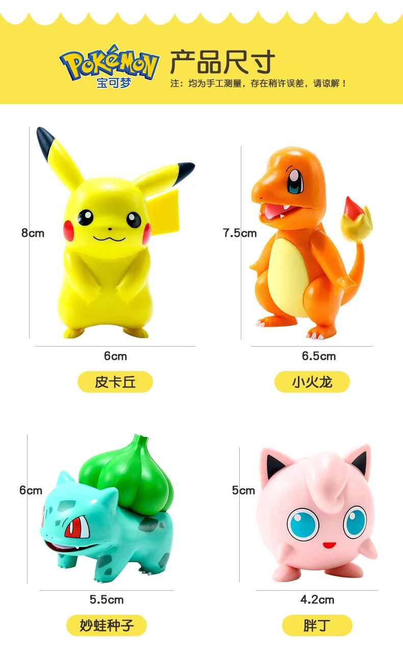 8cm Pokémon Anime Figures with box – Pikachu, Charmander, Squirtle, Bulbasaur & Psyduck Action Model