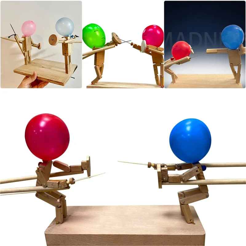 Balloon Bamboo Man Battle Fun Wooden Fencing Puppets Wooden Bots Battle Game Whack A Balloon For Party