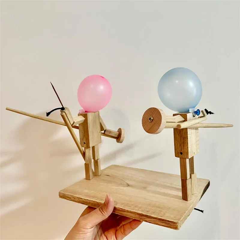 Balloon Bamboo Man Battle Fun Wooden Fencing Puppets Wooden Bots Battle Game Whack A Balloon For Party