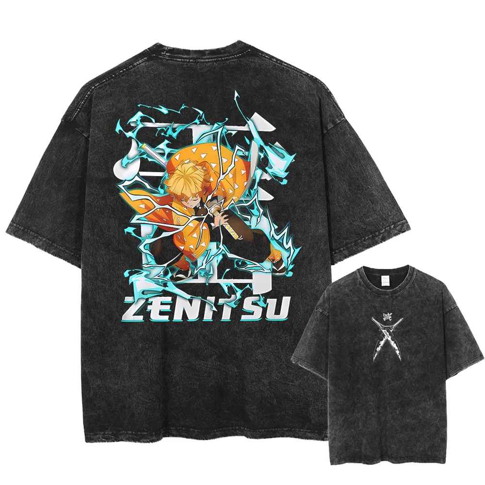 Zenitsu Agatsuma T-shirt Demon Slayer Thunder Breathing teal lightning back graphic vintage acid wash