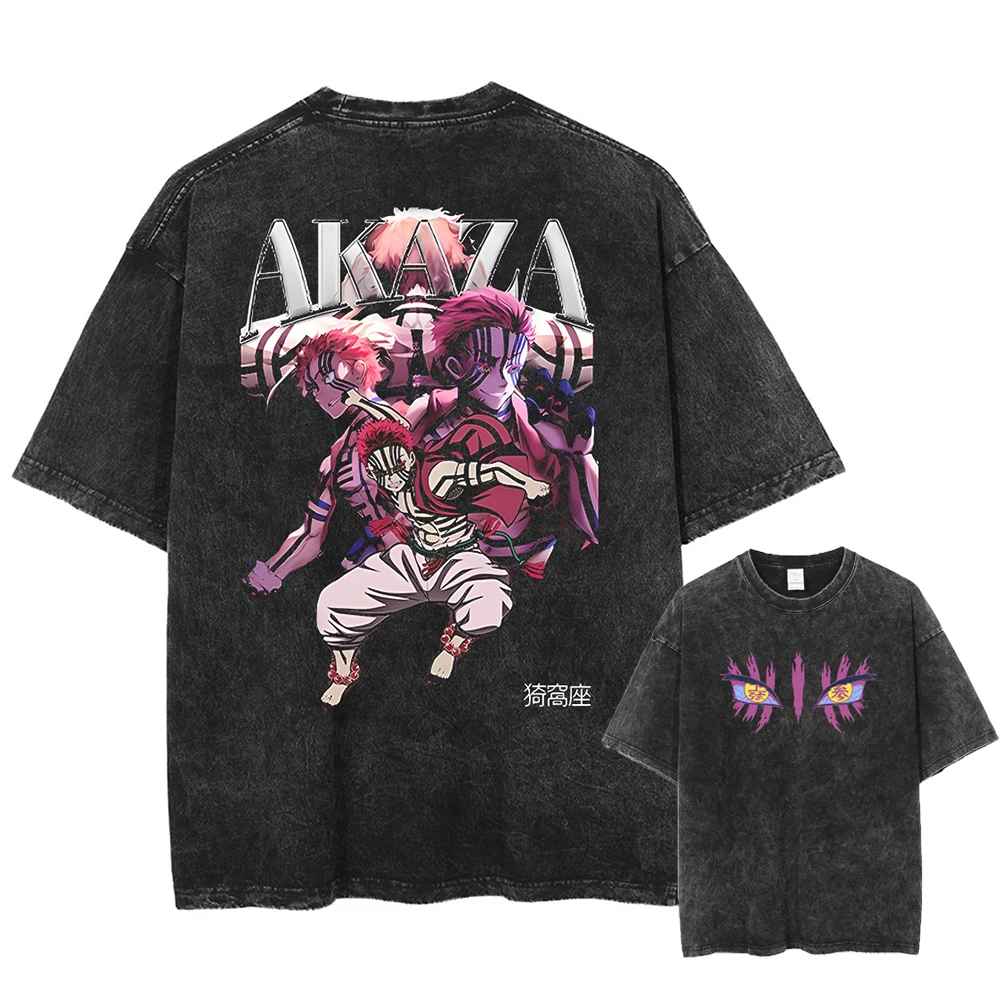 Akaza Demon Slayer T-shirt vintage acid wash back graphic Upper Moon 3 anime streetwear