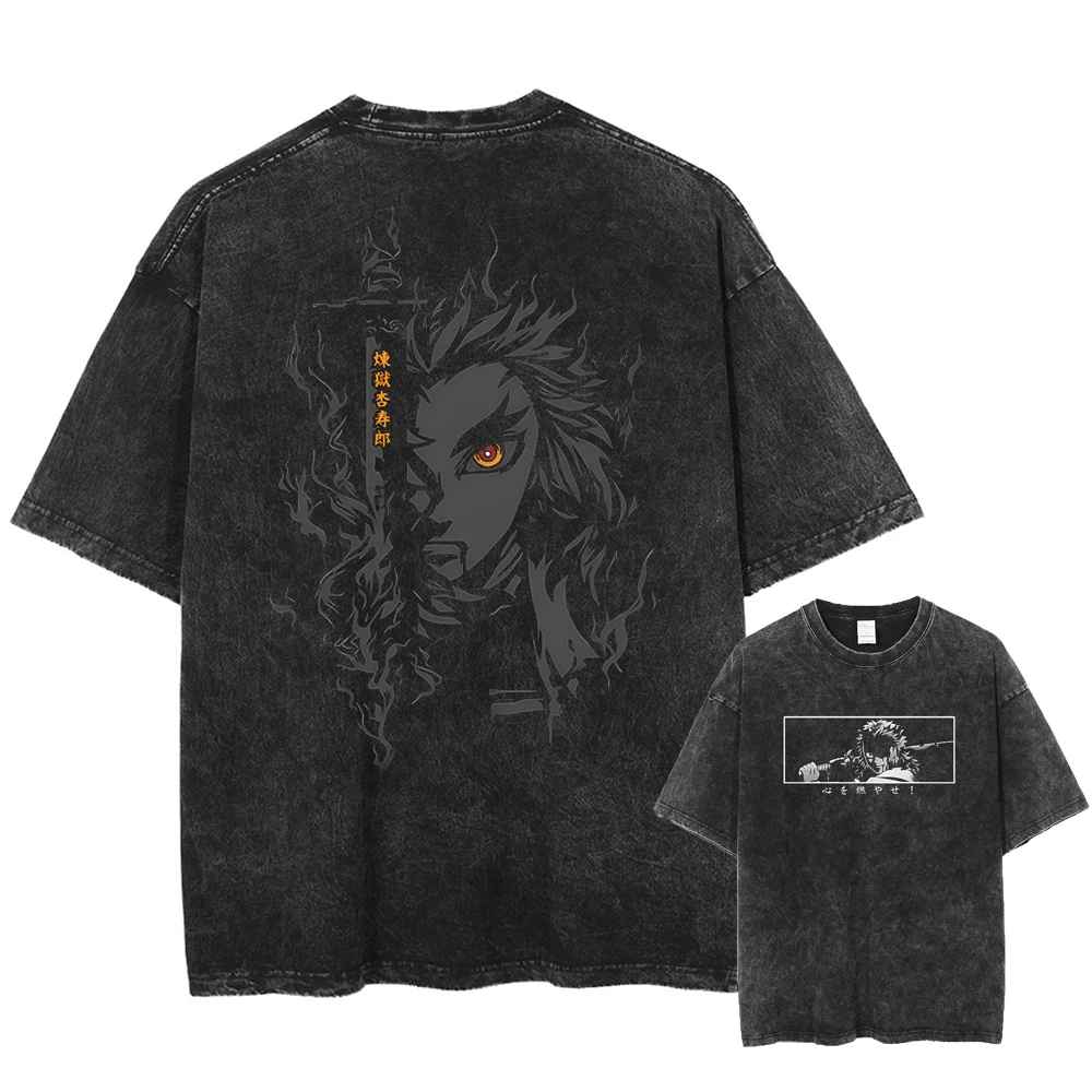 Kyojuro Rengoku T-shirt Demon Slayer Flame Hashira vintage acid wash back graphic Mugen Train streetwear