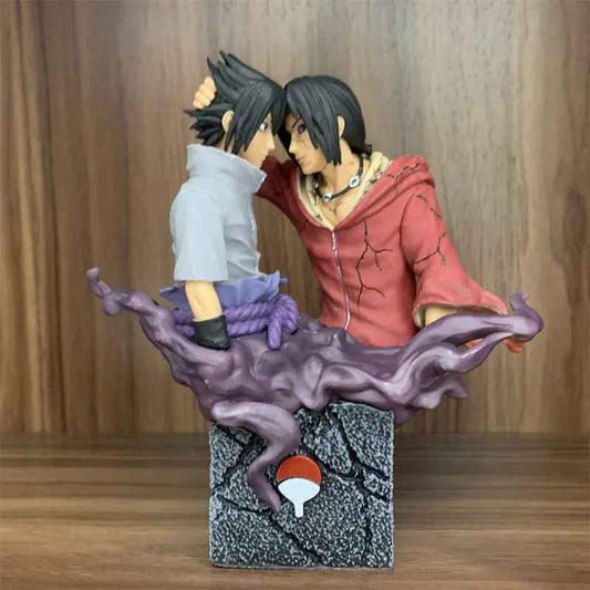Sasuke and Itachi Uchiha tribute statue forehead poke farewell scene with Uchiha crest stone base