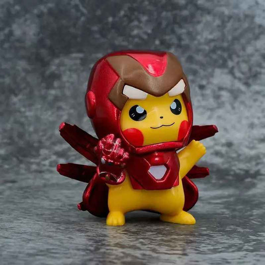 Pikachu Deadpool Iron Man Figure | Superhero Cosplay Chibi Marvel Pokémon Cross-Over Toy | Geekzillaa