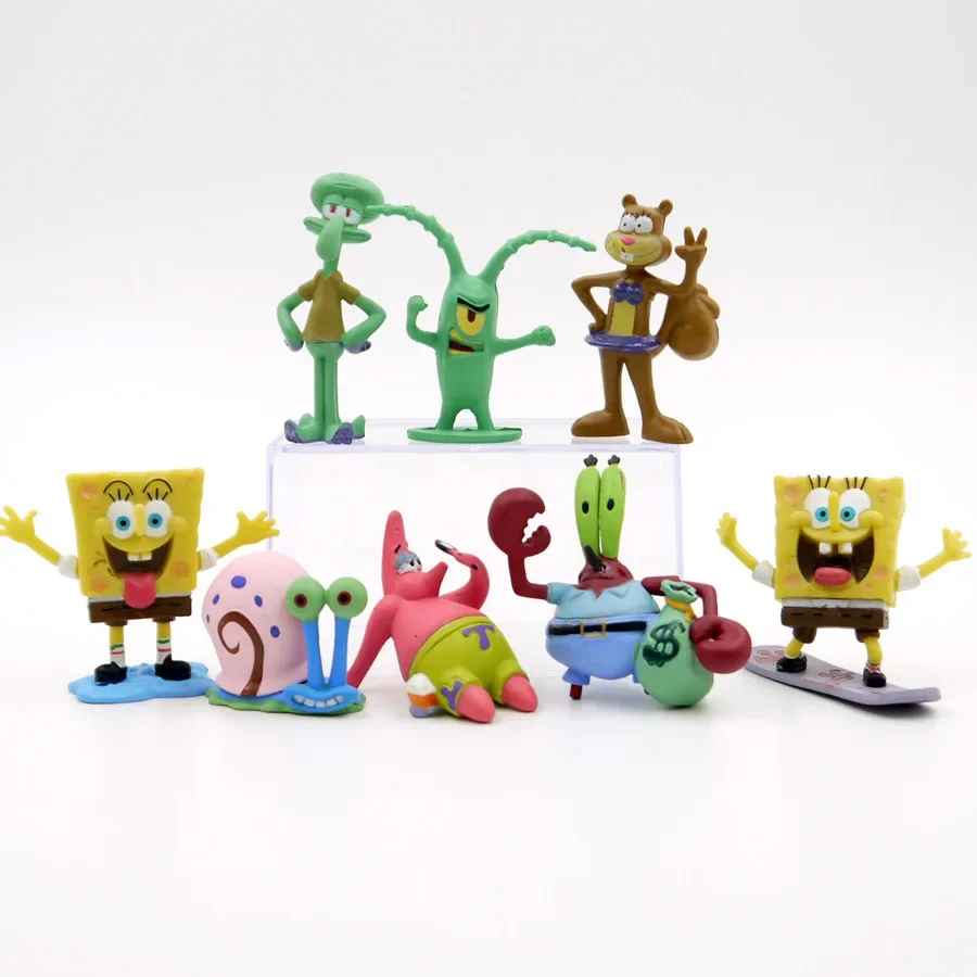 8-piece SpongeBob SquarePants character figurine set featuring SpongeBob, Patrick, Gary the Snail, Squidward, Mr. Krabs, Sandy Cheeks, and Plankton.