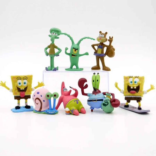 8-piece SpongeBob SquarePants character figurine set featuring SpongeBob, Patrick, Gary the Snail, Squidward, Mr. Krabs, Sandy Cheeks, and Plankton.