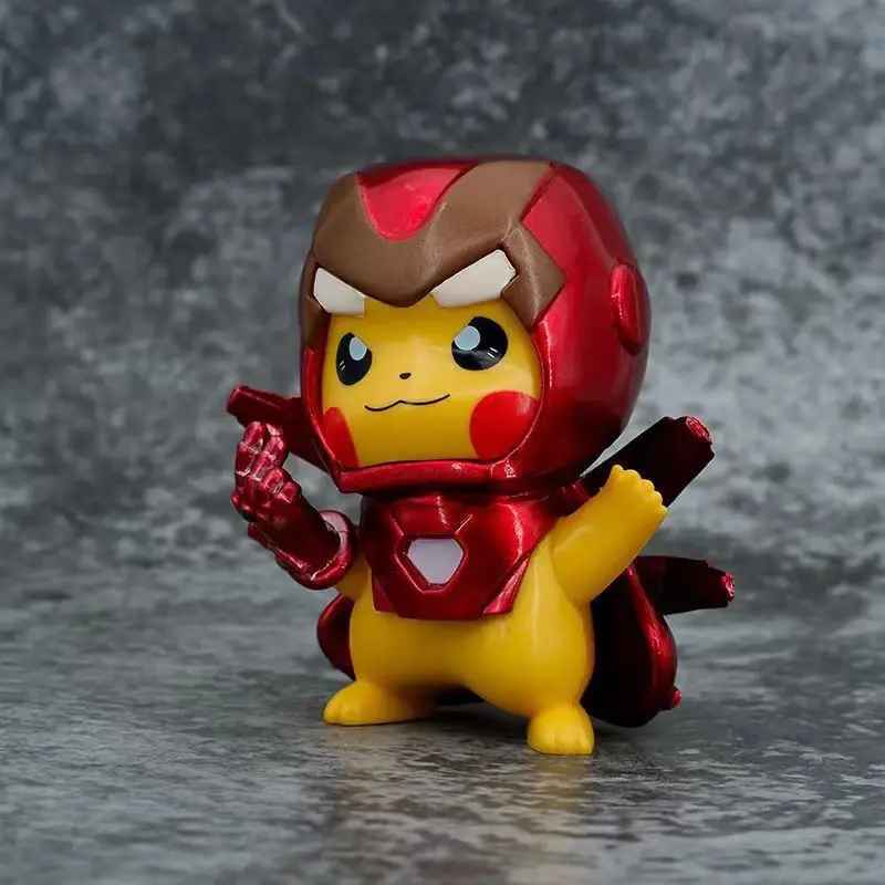 Pikachu Deadpool Iron Man Figure | Superhero Cosplay Chibi Marvel Pokémon Cross-Over Toy | Geekzillaa