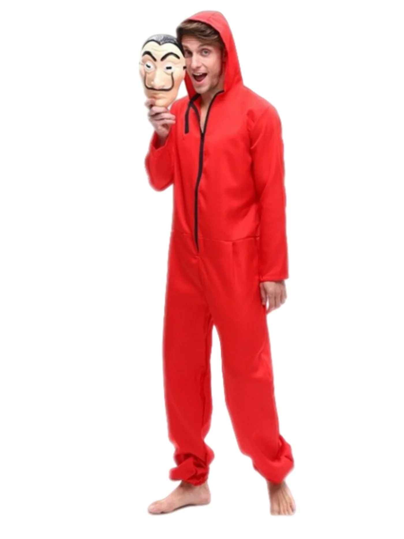 Full body view of a person wearing a Money Heist red hooded jumpsuit and a Salvador Dalí mask for cosplay.
