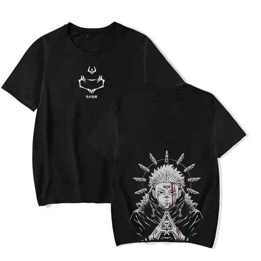 Black Ryomen Sukuna T-shirt Jujutsu Kaisen anime graphic apparel front and back view