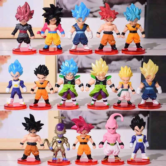 Dragon Ball Z chibi miniatures collection with Super Saiyan Blue Goku Vegeta Golden Frieza and Kid Buu figures