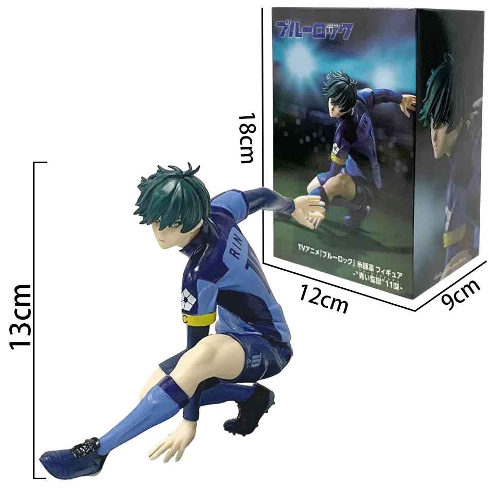 Blue Lock Itoshi Rin figure in low control stance with dark green hair, blue uniform, includes retail box.