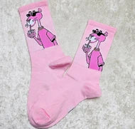 Pink Panther Socks | Sipping Drink Pink Crew Socks Retro Cartoon Merchandise | Geekzillaa