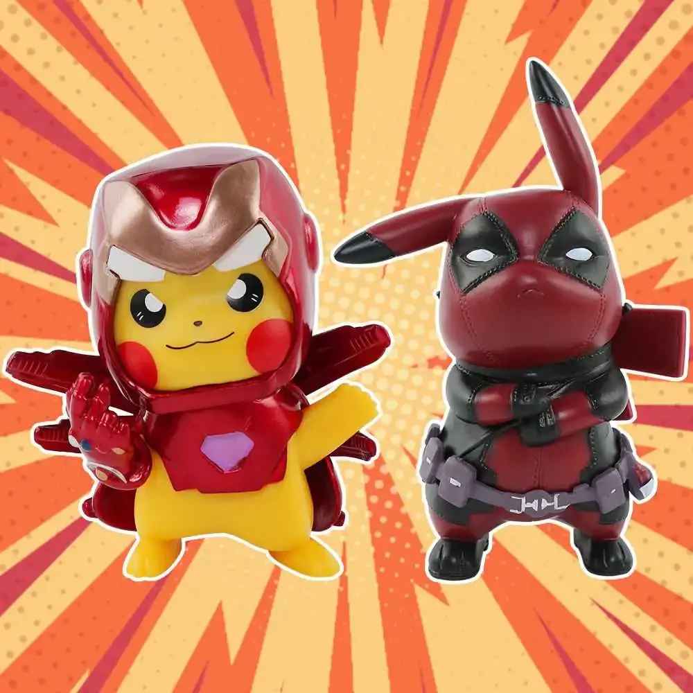 Pikachu Deadpool Iron Man Figure | Superhero Cosplay Chibi Marvel Pokémon Cross-Over Toy | Geekzillaa